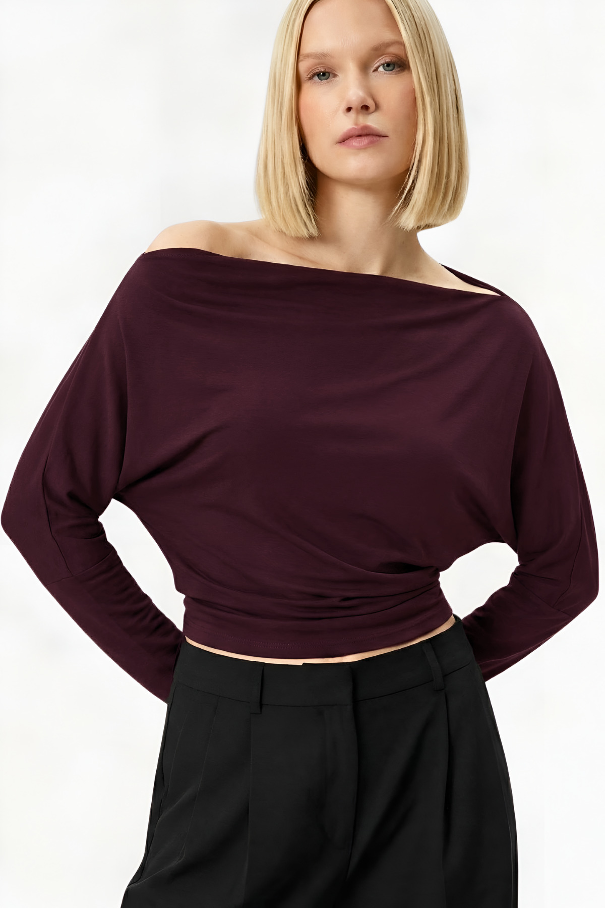 VODENS Bordo Asimetrik %100 Pamuk tişört