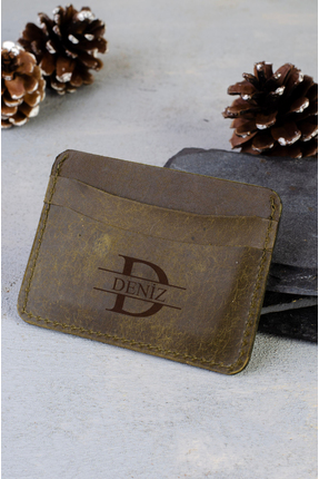 Quska Kişiye Özel İsimli El Yapımı Hakiki Deri Yeşil Kartlık - Grain Minimal