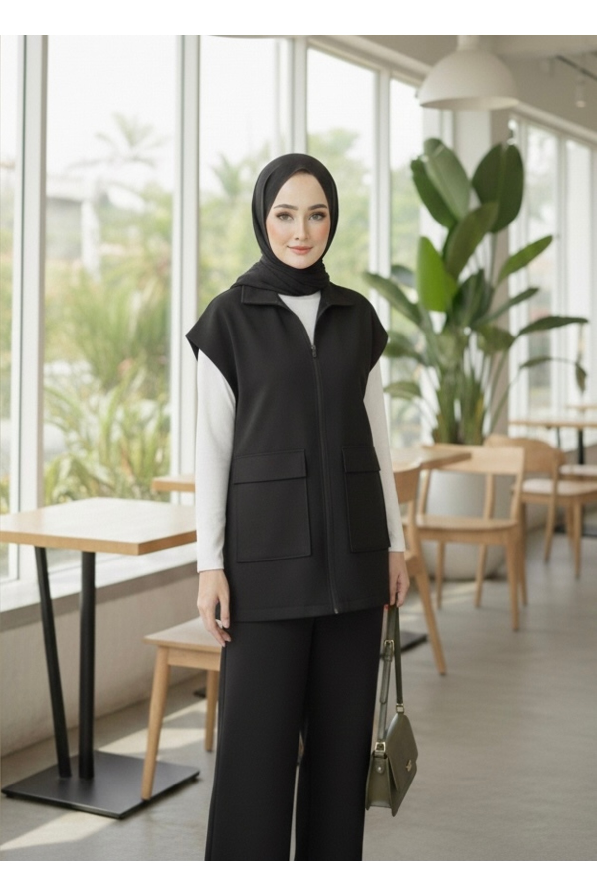 onlymoon Kadın Siyah Yelek Pantolon İkili Takım | %100 Pamuk | Rahat Kesim | Lastikli Bel | 4 Mevsim - Günlük