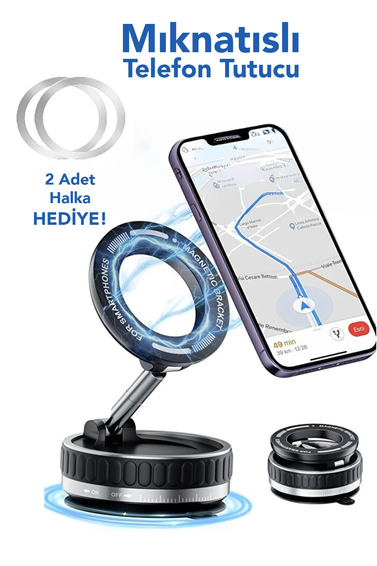 mimtec 360 Dönebilen Telefon Tutucu - Ayarlanabilir Mıknatıslı Vakumlu Araç İçi Telefon Tutucu