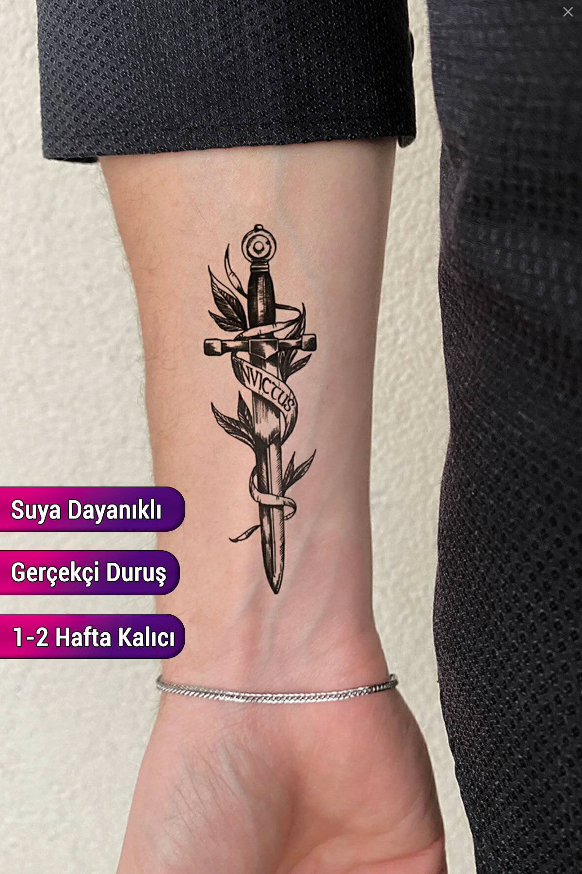 BiWini Invictus Kılıç Geçici Dövme Bilek Boyun Kol Bacak Ve Göğüs Arası Kadın Erkek