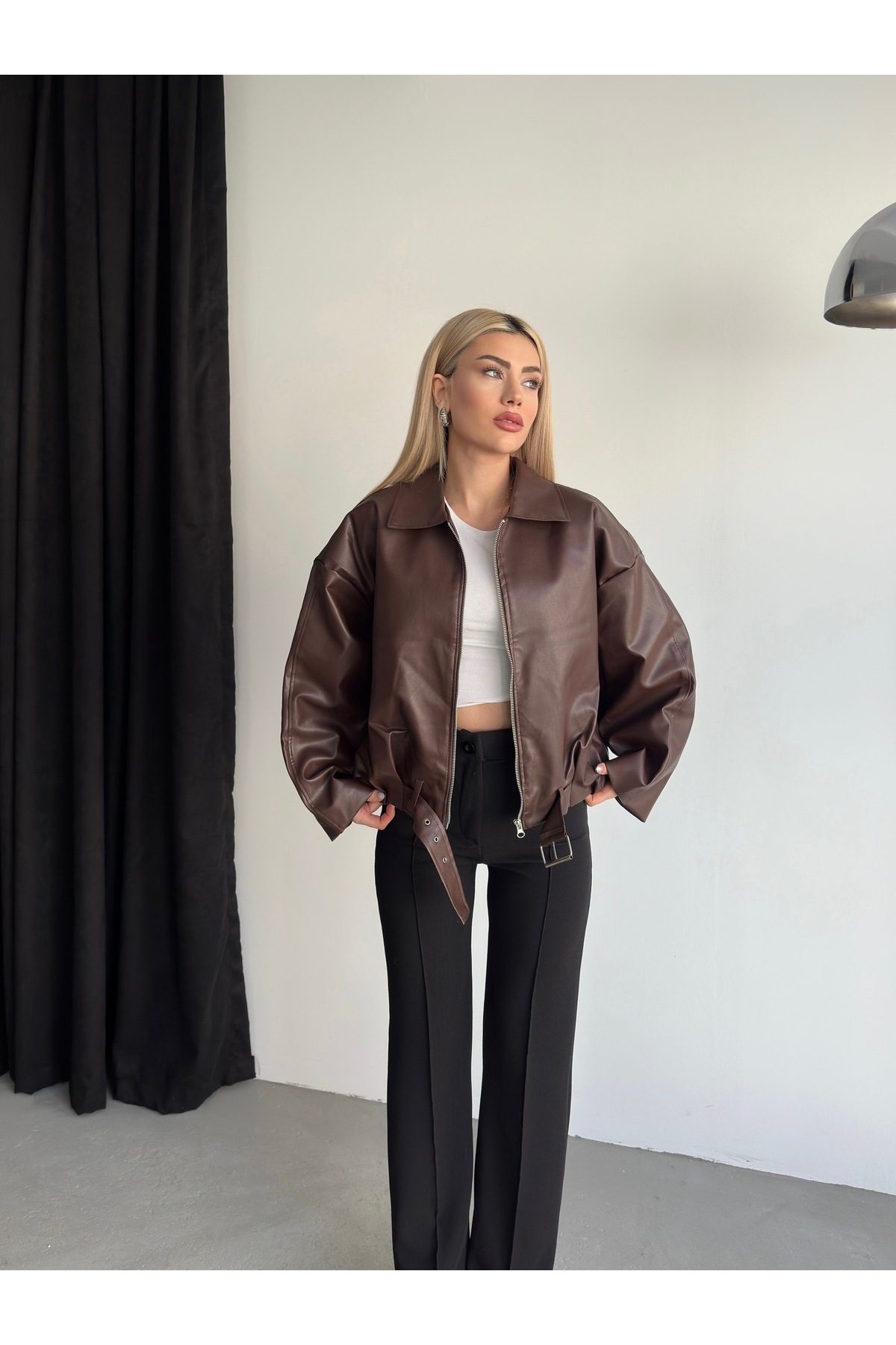 Ekim Store  Yeni Sezon Kemerli Bomber Deri Ceket - Görsel 2