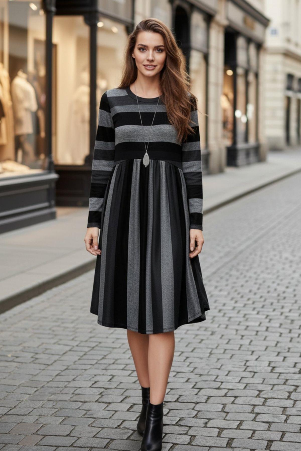 Crew Neck Striped Pattern Single Jersey Dress
