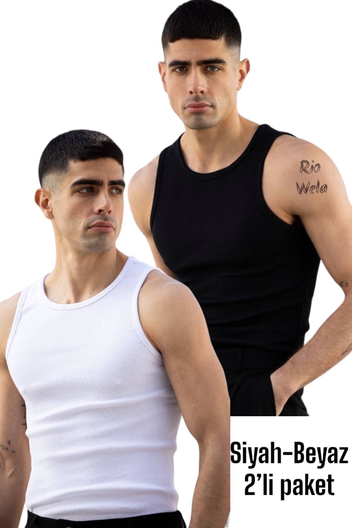 Riowela Erkek Halter Yaka Sporcu Likralı Pamuklu Atlet Siyah-beyaz 2’li Paket Erkek Tshirt