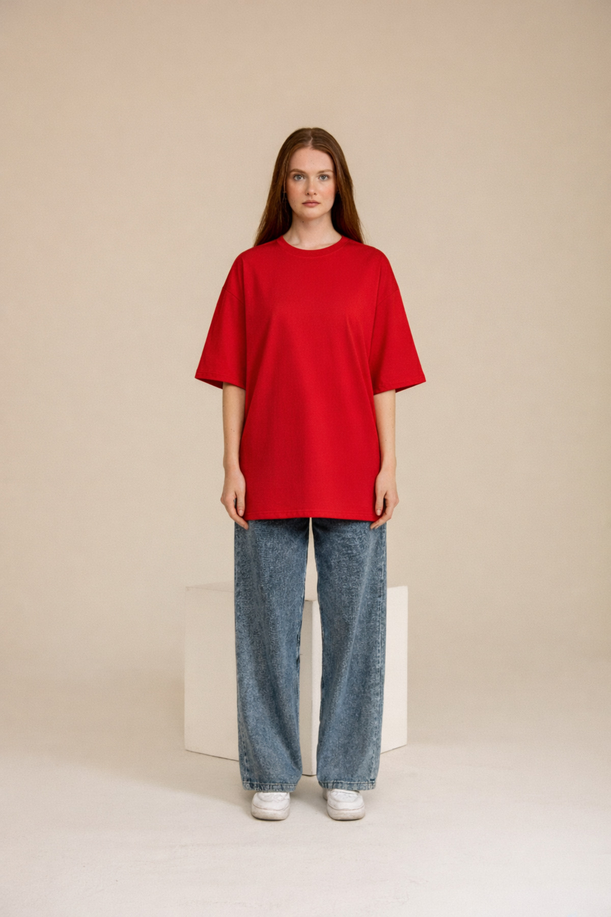 GUARAZ  Kadın Kırmızı Oversize Bisiklet Yaka %100 Pamuk Düz Basic Yazlık T-shirt - Görsel 4