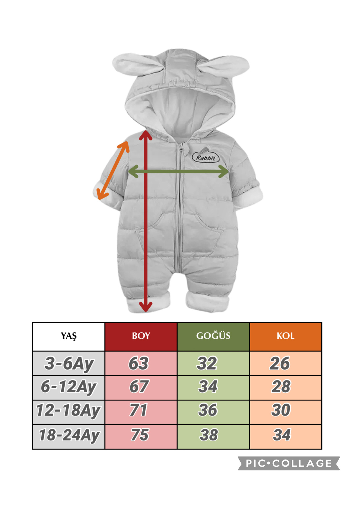 melisam.msg Kız Erkek Bebek Tavşan Kulaklı Kış Kalın Sevimli Astar Şişme Tulum Mont fotoğrafı 7 (önizleme)