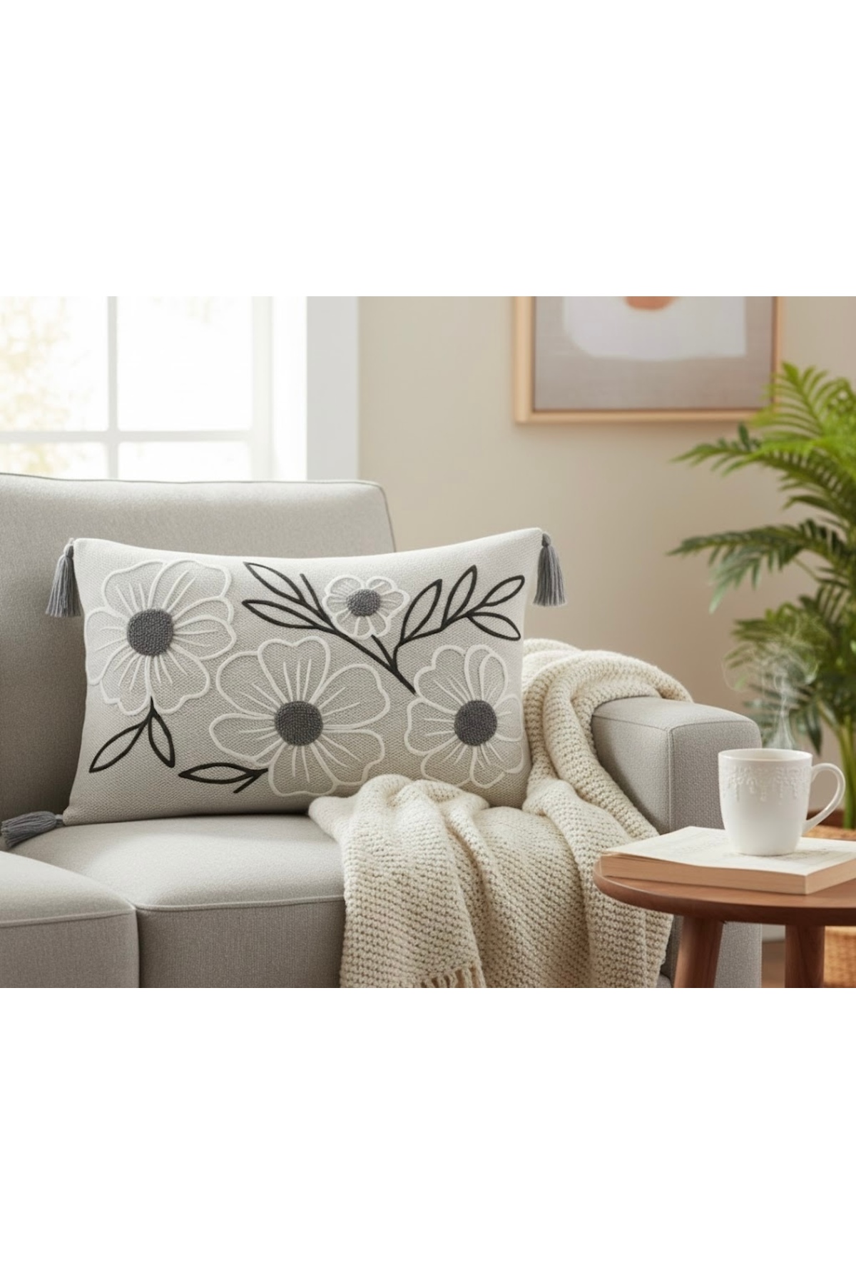 ON-ARS TEKSTİL Dekoratif Çiçek Desenli Kırlent Kılıfı – Püsküllü, Modern Şık Tasarım, 30x50 cm