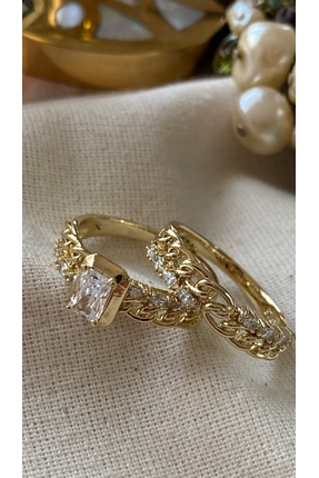 XUPING JEWELRY 14K GOLD RENK ZİNCİR MODEL BAGET TAŞLI KADIN YÜZÜK 2'Lİ /XP DA...