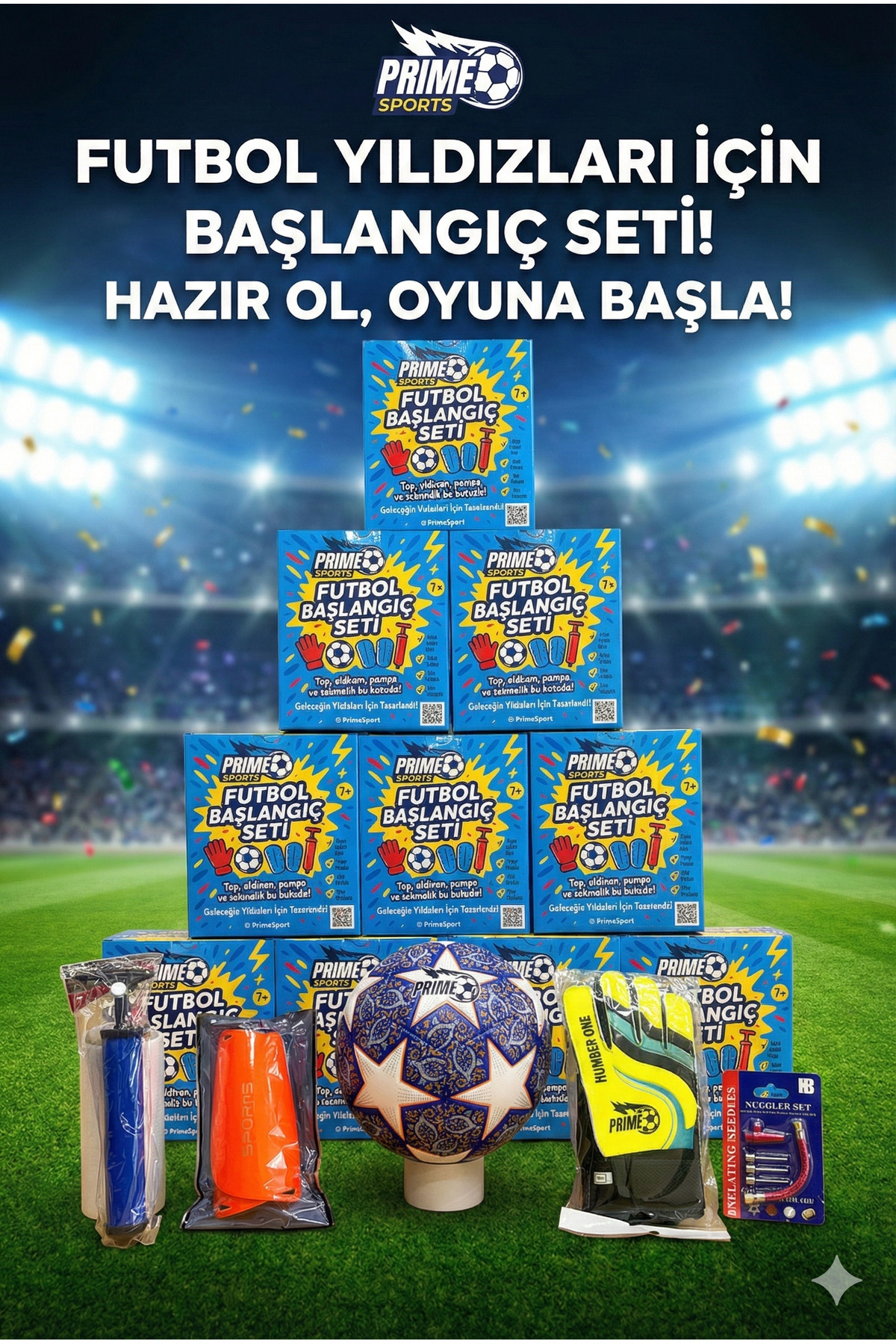 PRIME SPORTS 4’lü Futbol Antrenman Seti (Top + Eldiven + Tekmelik + Pompa)