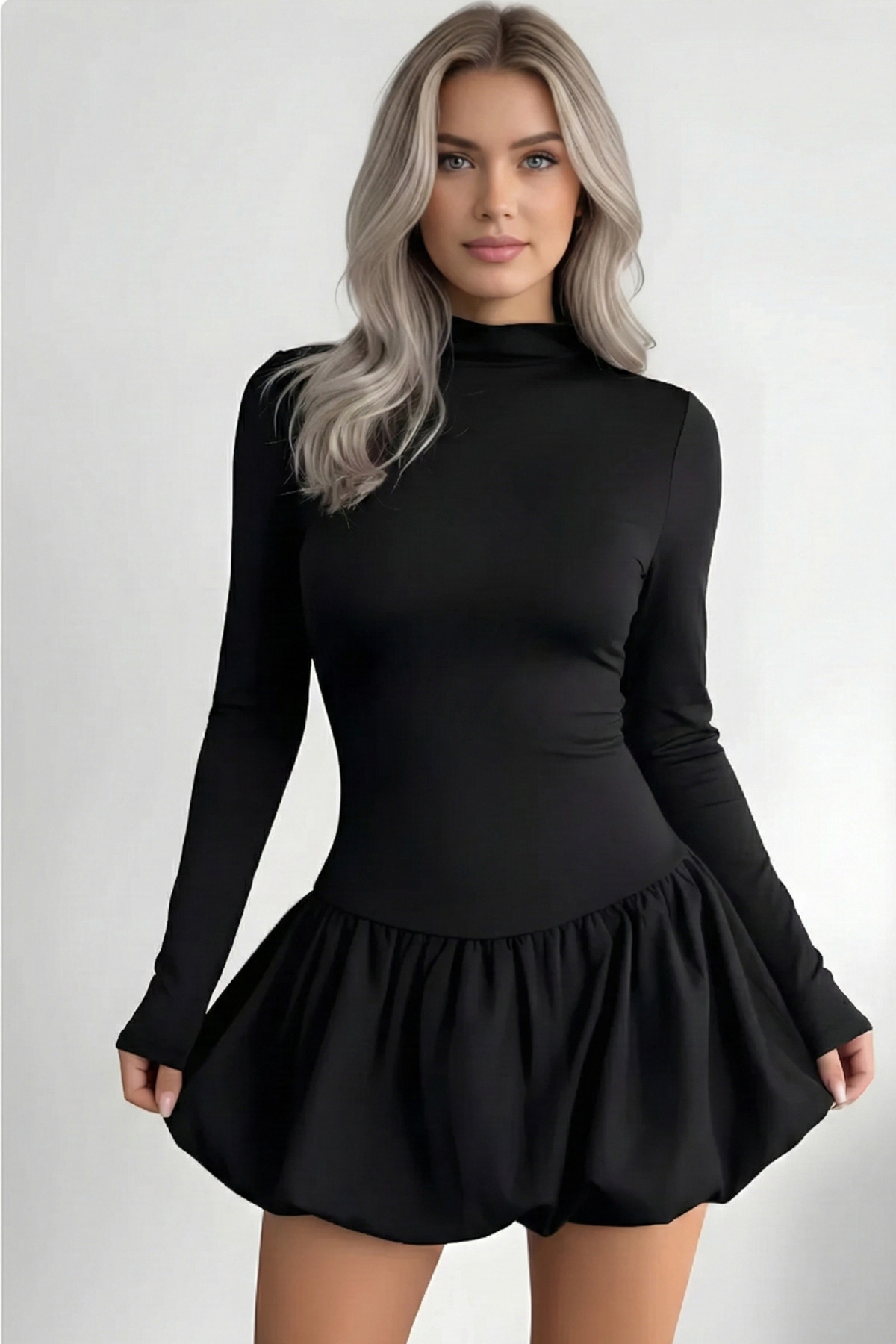 Gubo Kadın Yüksek Yaka Balon Etek Mini Elbise Mevsimlik ve Kışlık