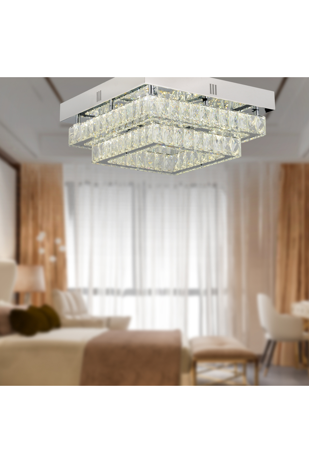 Modina 2 Tier Chrome Led 3 Color 70 Watt Crystal Stone Modern Design Led Crystal Living Room Chandelier
