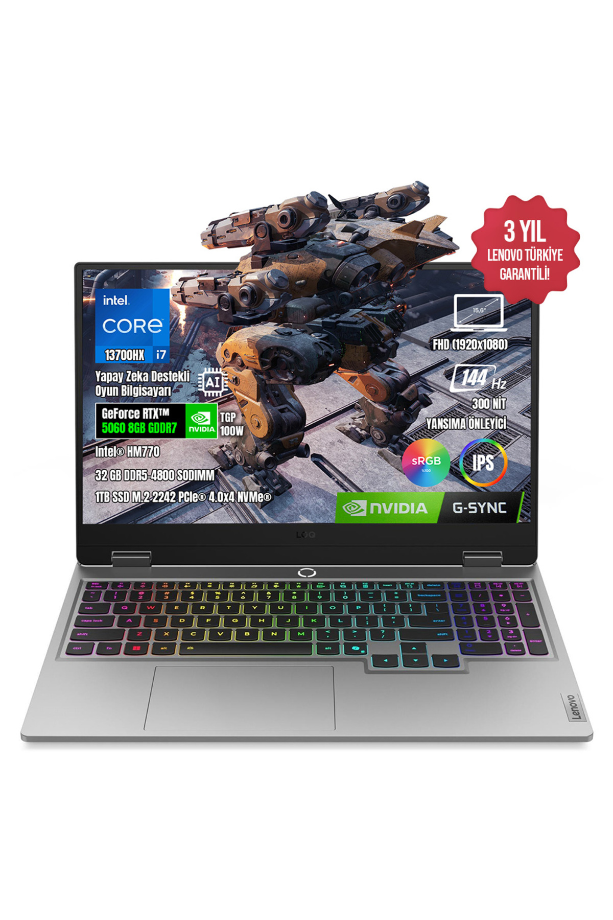 LOQ 15IRX10 83JE00LFTR-05 i7-13700HX 32GB DDR5 1TB SSD RTX5060 8GB 15.6" IPS 144