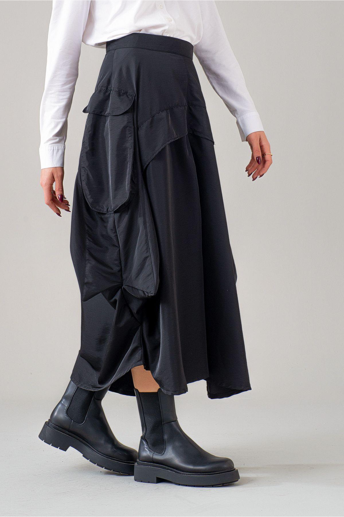 Bold & Young  Kadın Siyah Kargo Pervazlı Fermuarlı Paraşüt Kumaş Etek - Görsel 8