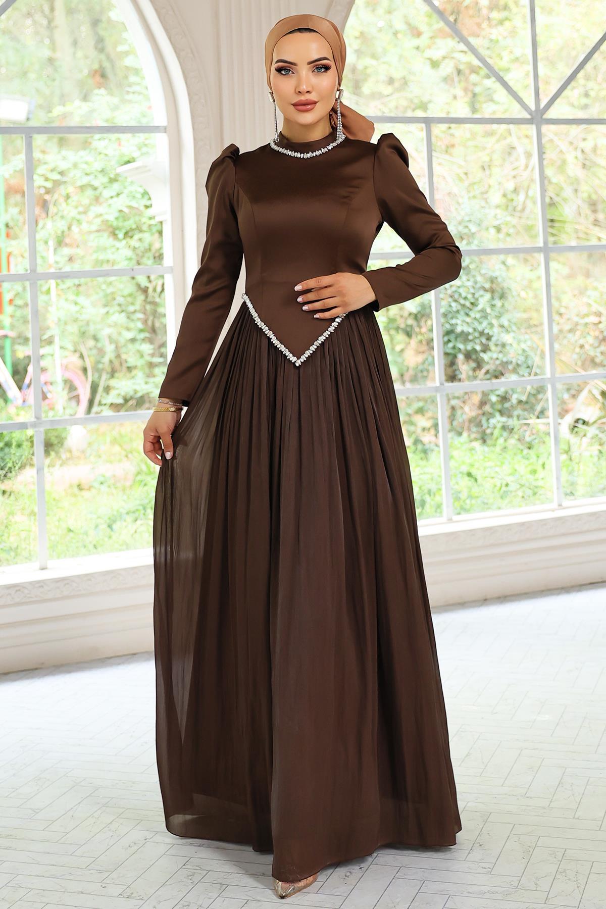 Olcay Spódnica z detalami z kamieniami, plisowana satyna i jedwabna suknia wi...