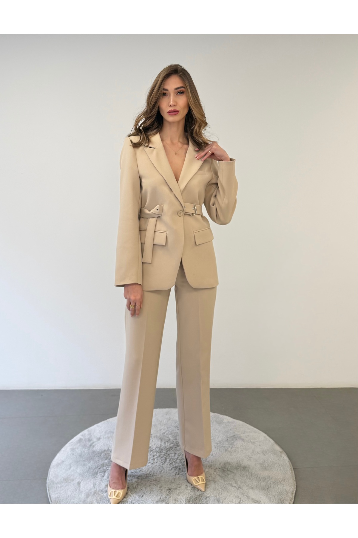 Belted Jacket Beige Suit