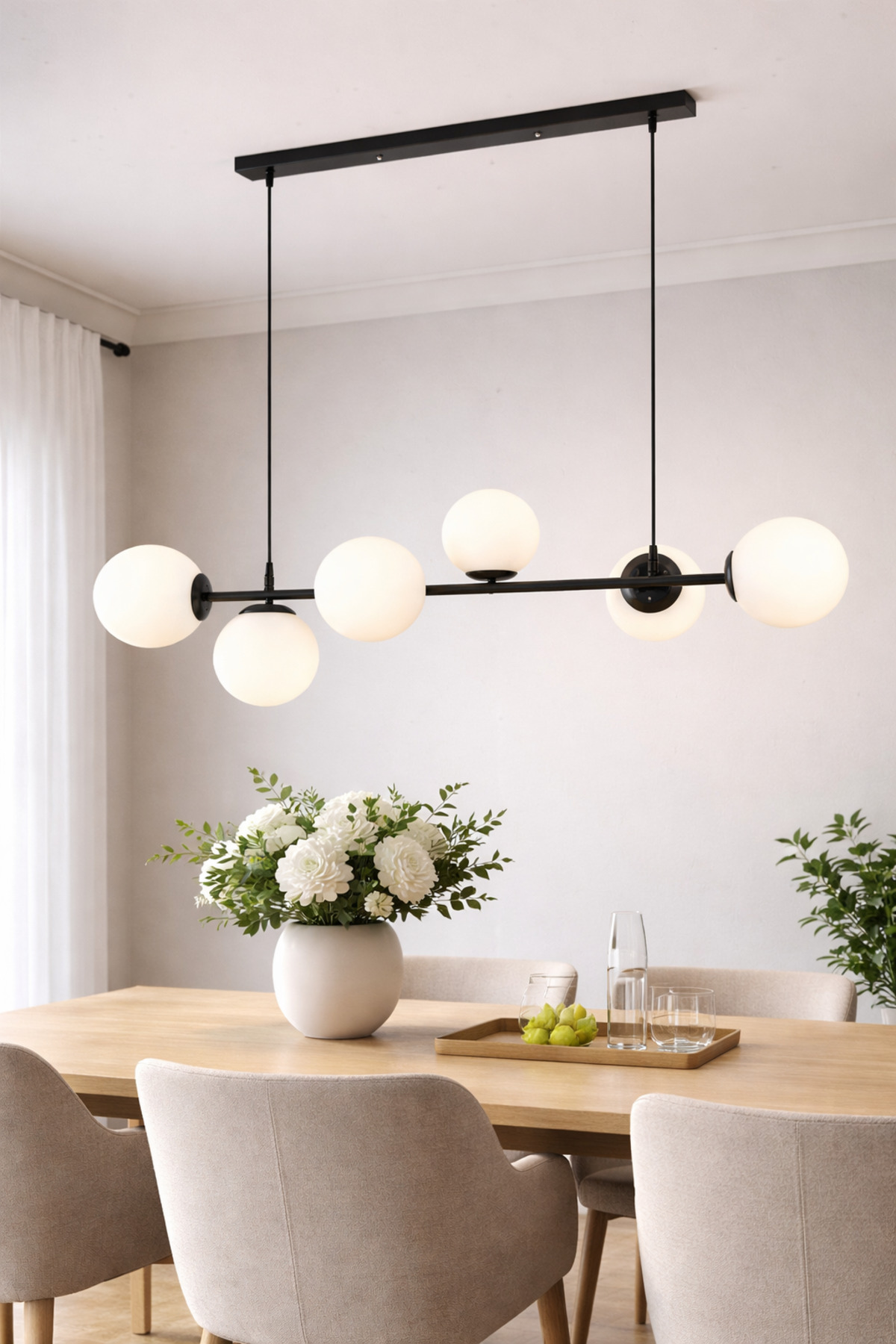 Milano Modern Design Living Room Dining Room Kitchen 6-Piece Chandelier with Black Color and White Glass