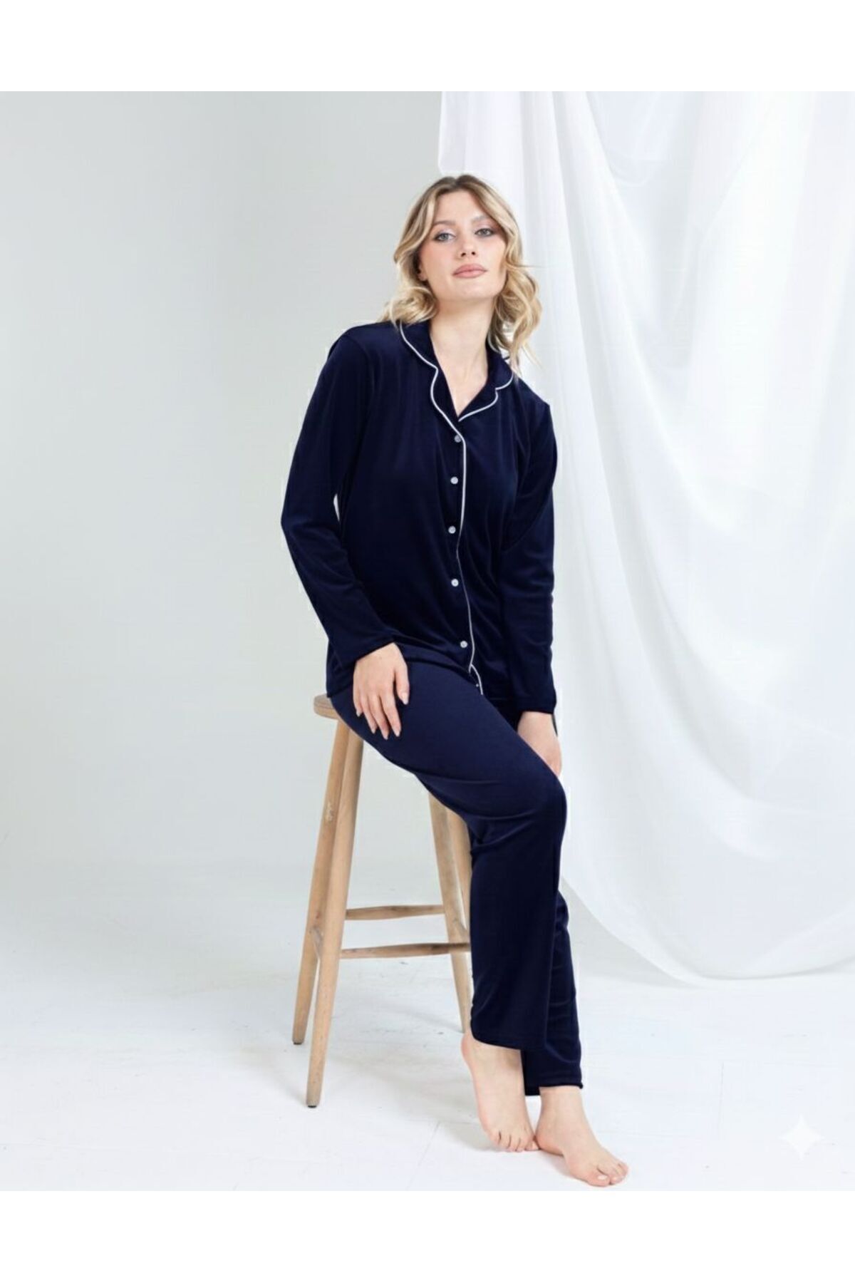 Navy Blue Button Front Velvet Winter Women's Pajamas Set