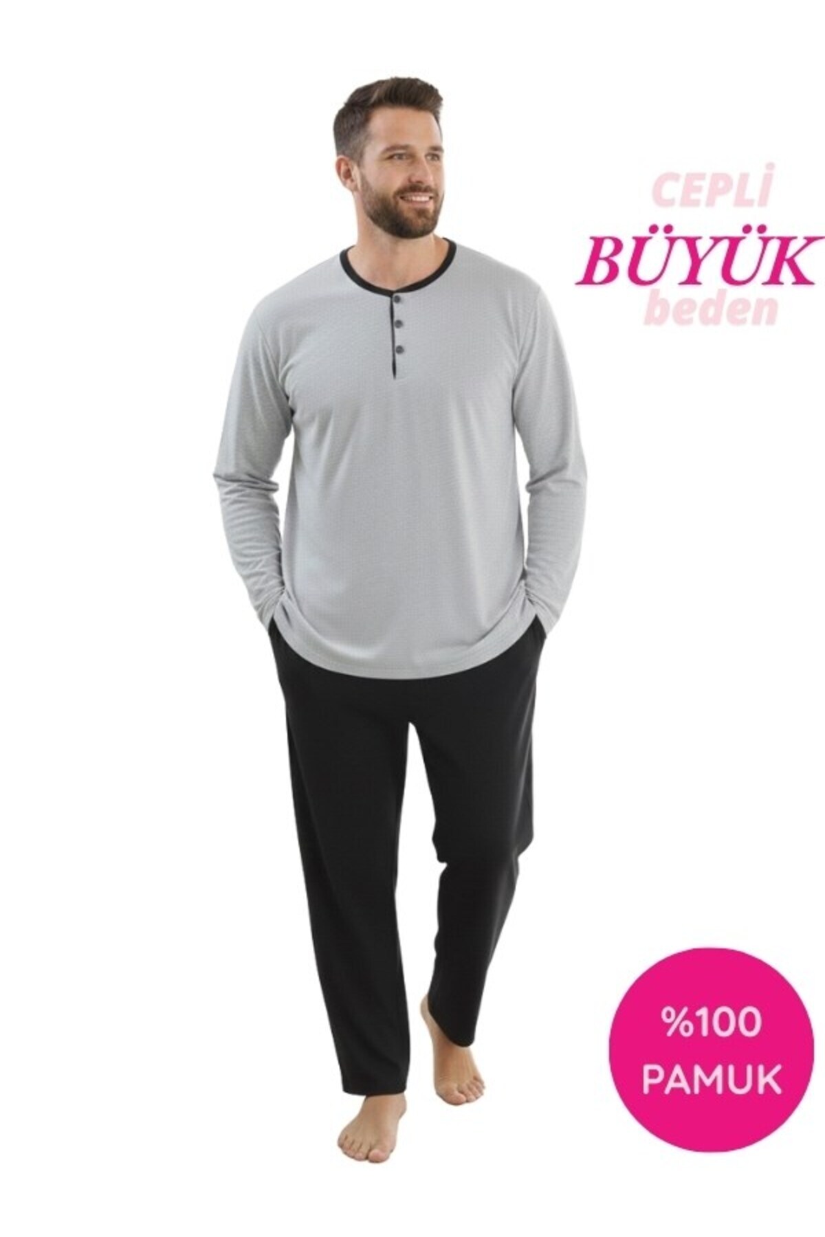 seamlife Erkek Büyük Beden Bisiklet Yaka 3 Düğmeli Mevsimlik Uzun Kol Pijama Takımı