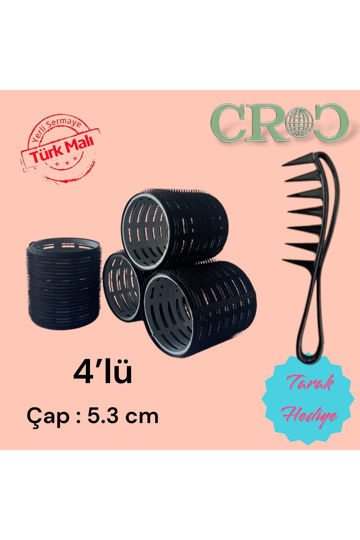 Croc 4lü Büyük Boy Plastik Bigudi Siyah CB23 - Cırtlı Yapışkanlı Saç Bigudisi