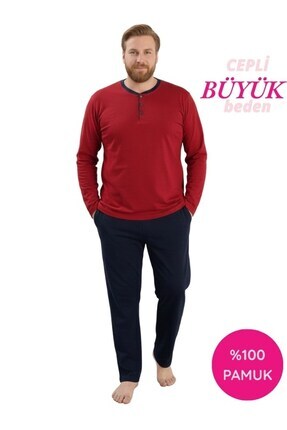 seamlife Kırmızı Erkek Büyük Beden Bisiklet Yaka 3 Düğmeli Mevsimlik Uzun Kol...