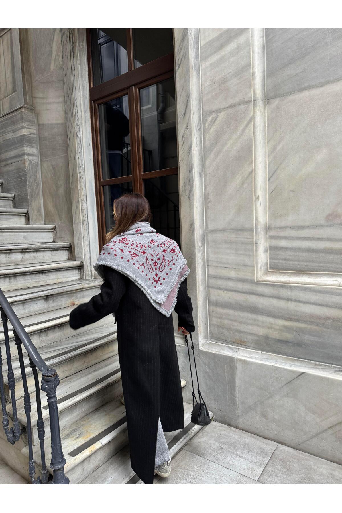 Tina İstanbul  Etnik Desenli Pamuklu Atkı Gri Bordo - Görsel 5