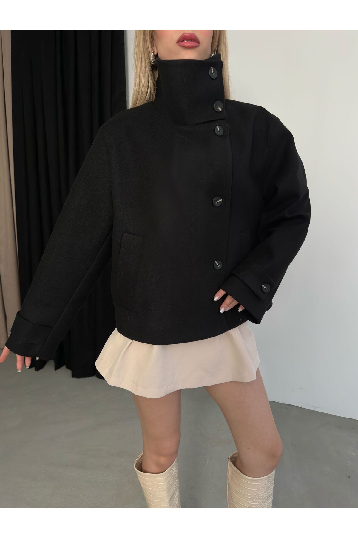 ParlaMira  Kadın Dik Yaka Pamuksu Dokulu Premium Kaşe Kaban - Görsel 5
