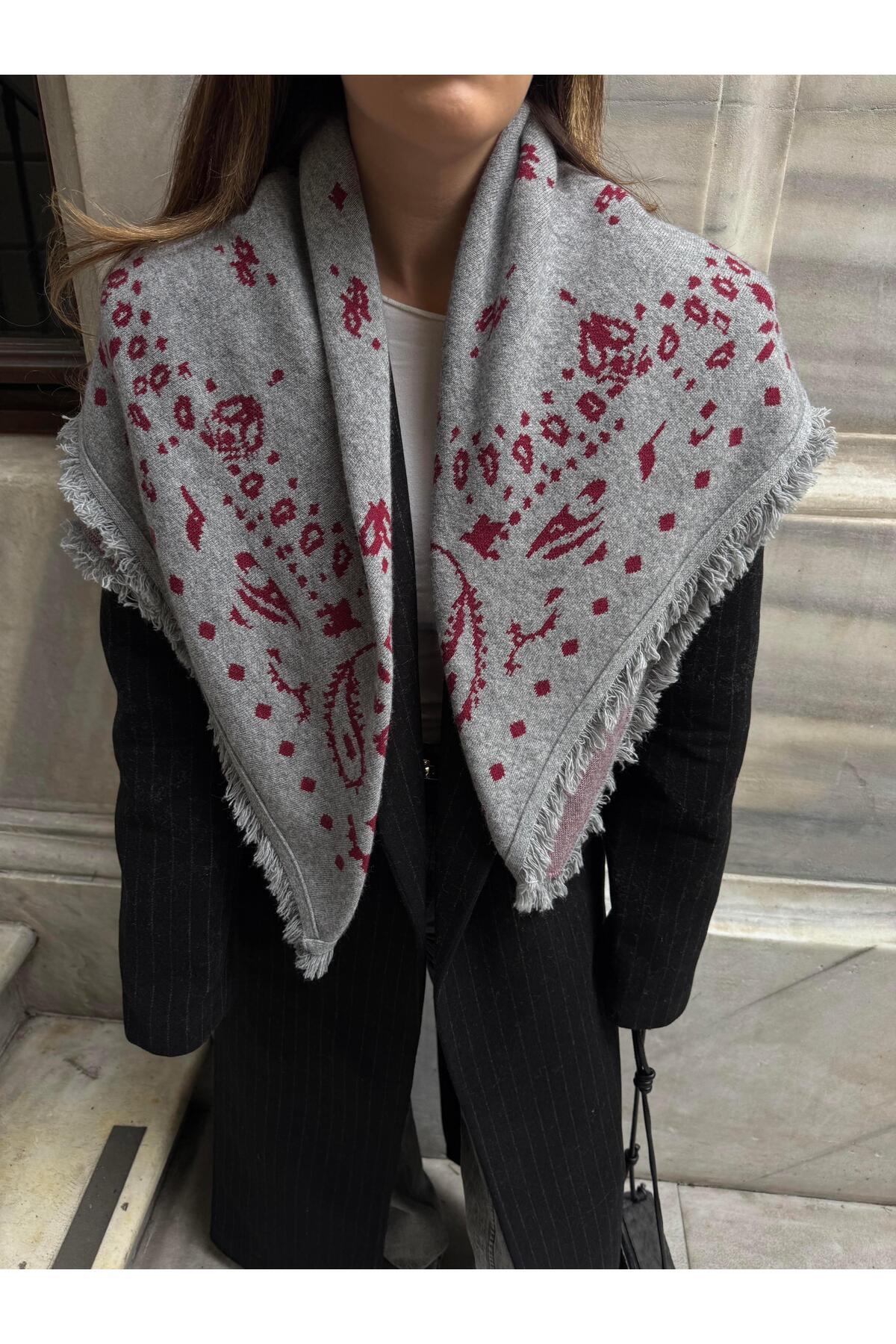 Tina İstanbul  Etnik Desenli Pamuklu Atkı Gri Bordo - Görsel 3