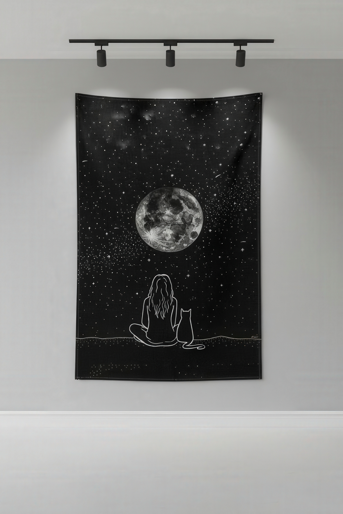 Girl and Cat Watching the Bear Fabric Wall Cover Home Decoration Tapestry