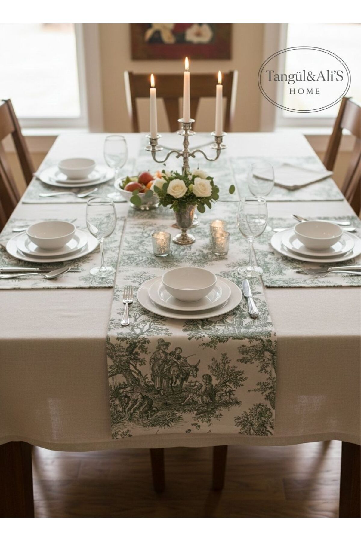 14 Pieces Green French Peasant Pattern Tablecloth, Cocktail Napkin American Service and Runner Set