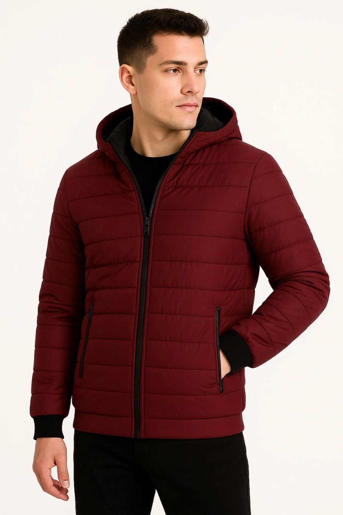 pilelistore Şişme Kapüşonlu Fermuarlı Mont Su itici Kapitone Astarlı Kumaş Cepli Kışlık Rahat Kalıp - Bordo fotoğrafı 2 (önizleme)