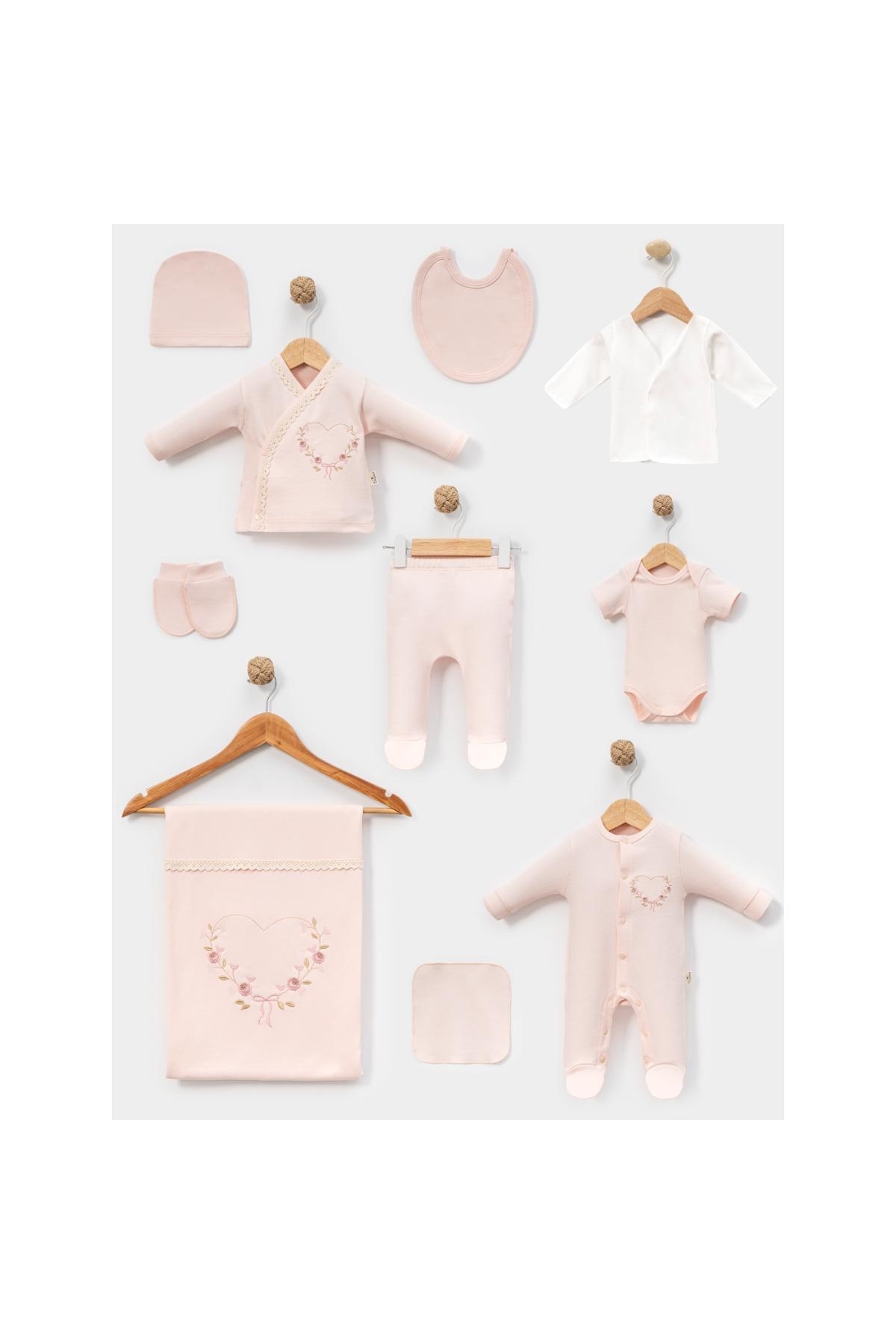 ZEYNUKO KIZ BEBEK KALP NAKIŞLI %100 PAMUK 0-3 AY 10'LU YENİDOĞAN HASTANE ÇIKIŞI ZIBIN SETİ KUTULU fotoğrafı 2 (önizleme)