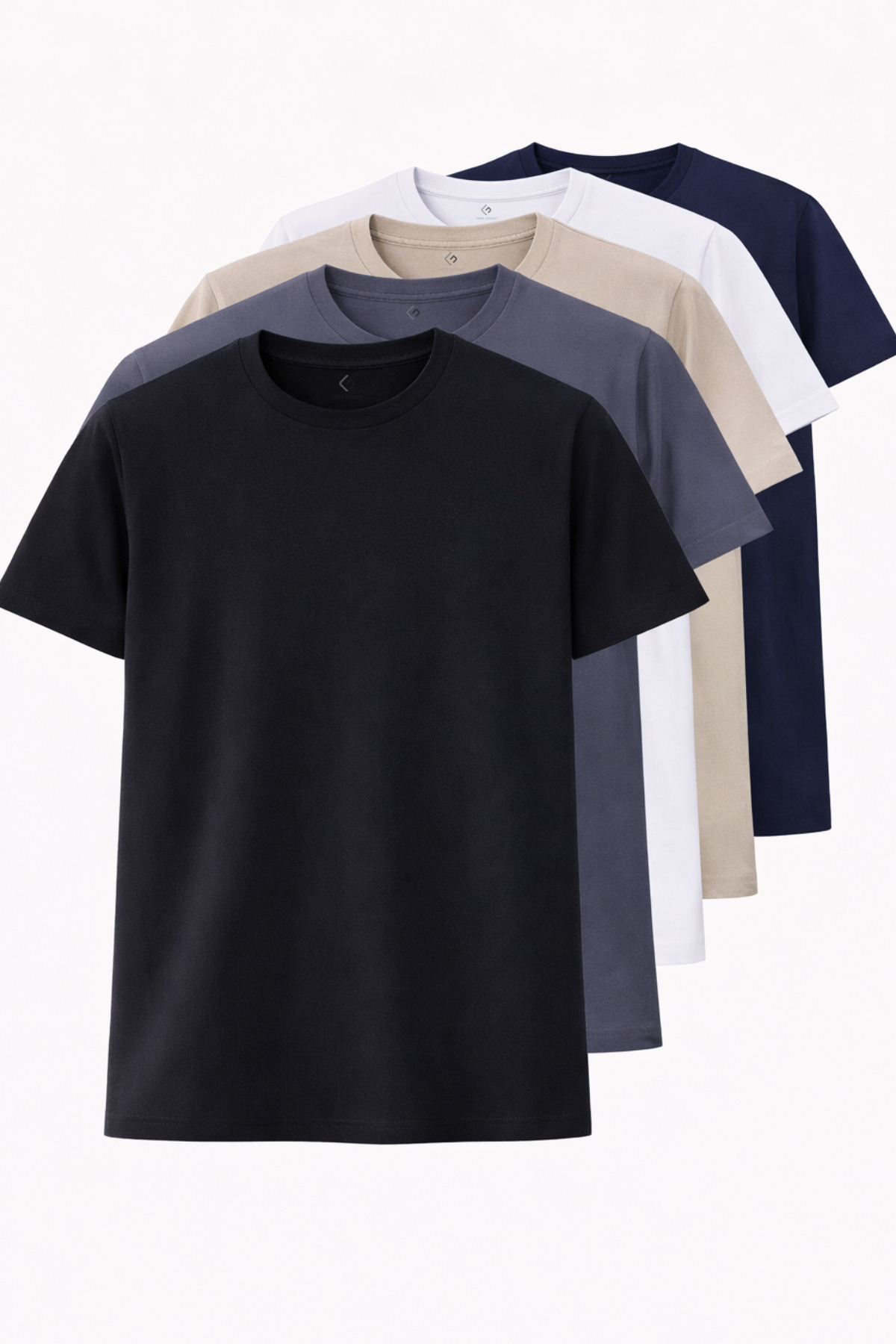 freemen  Erkek Siyah-Beyaz-Lacivert-Antrasit-Bej Normal Kalıp Bisiklet Yaka %100 Pamuk 5’li Basic Tişört Seti