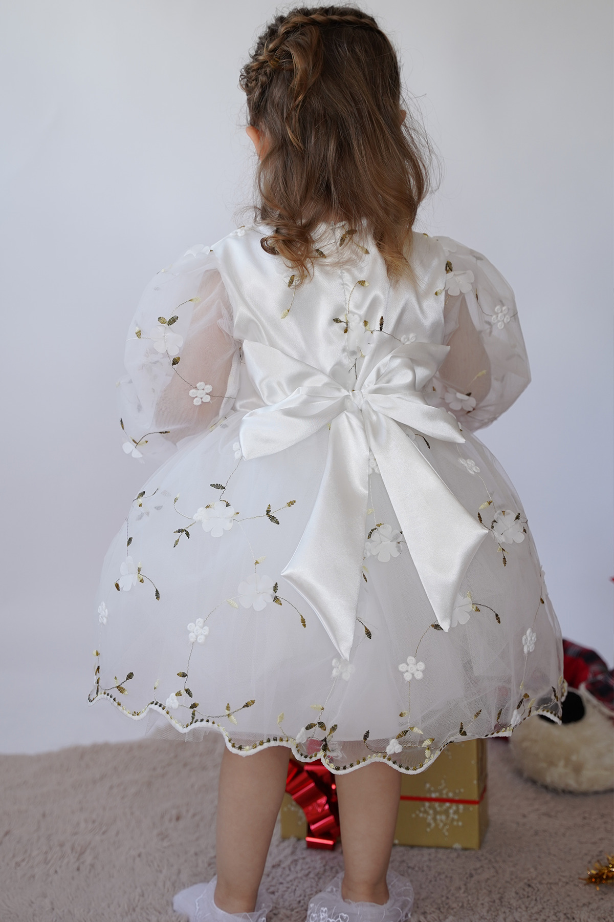 ALYRA Kız Bebek Elbise Uzun Kollu 3D Çiçekli Vintage Fiyonklu Doğum Günü Parti Düğün Özel Gün Çocuk Elbise fotoğrafı 7 (önizleme)