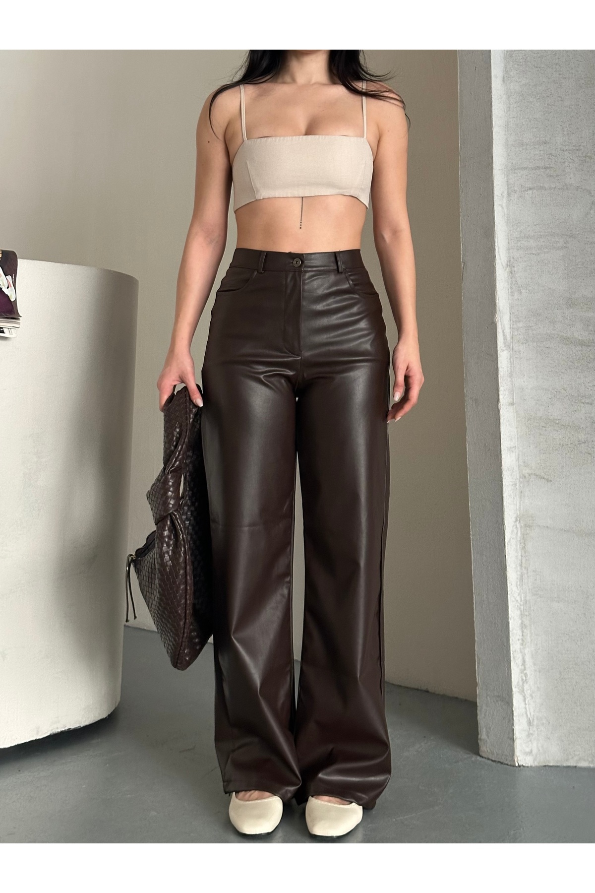 AREF JEANS  Kadın Kahverengi Deri Pantolon Kadın Deri Pantolon Kahve - Görsel 2