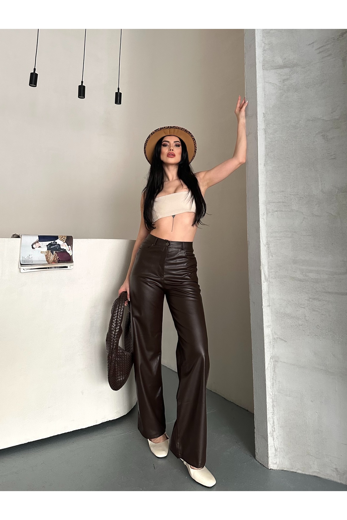 AREF JEANS  Kadın Kahverengi Deri Pantolon Kadın Deri Pantolon Kahve - Görsel 3