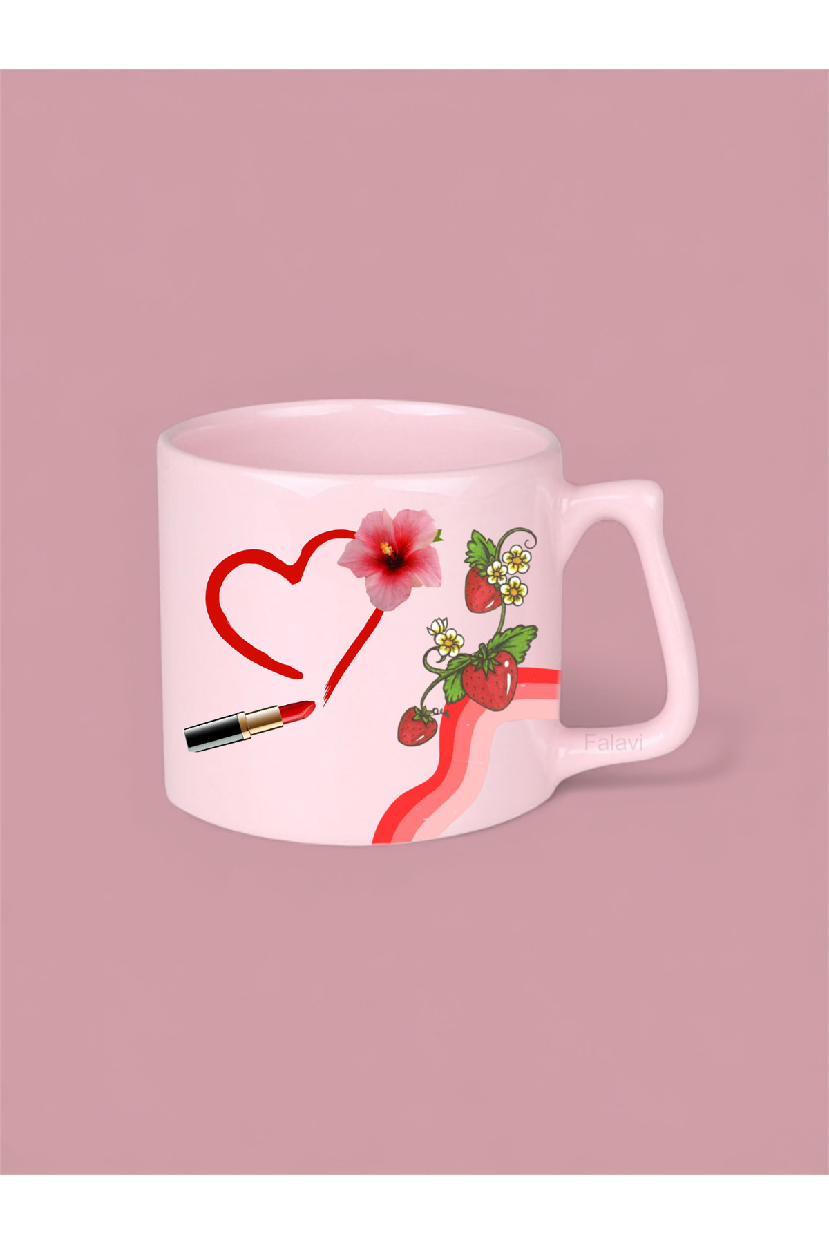 FALAVİ  Kırmızı Çilek ve Ruj Desenli Pembe Kupa