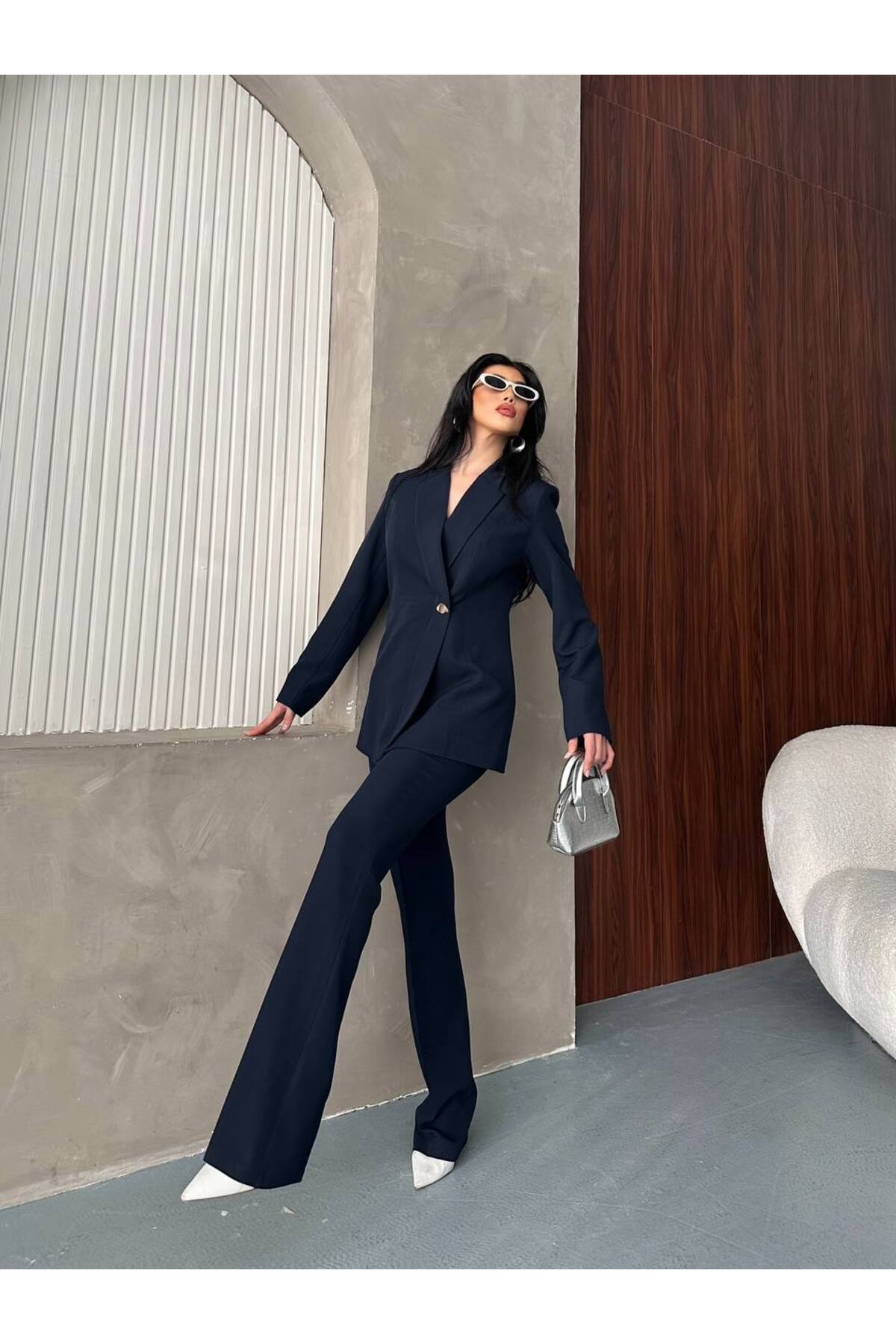 Damen Zweireiher Asymmetrischer Blazer-Hosenanzug Marineblau - Görsel 5