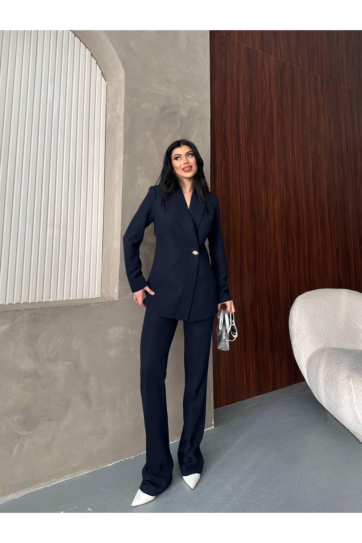 Damen Zweireiher Asymmetrischer Blazer-Hosenanzug Marineblau - Görsel 3
