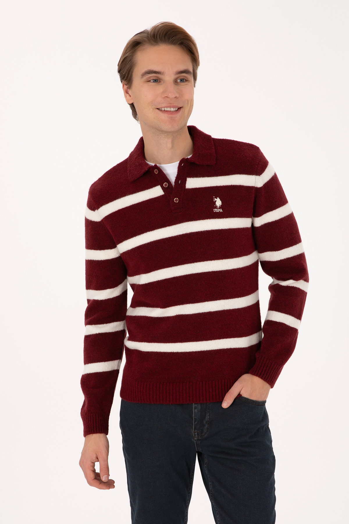 U.S. Polo Assn. Erkek Regular Fit Polo Yaka Bordo Kazak 50315036-VR014 görsel 3