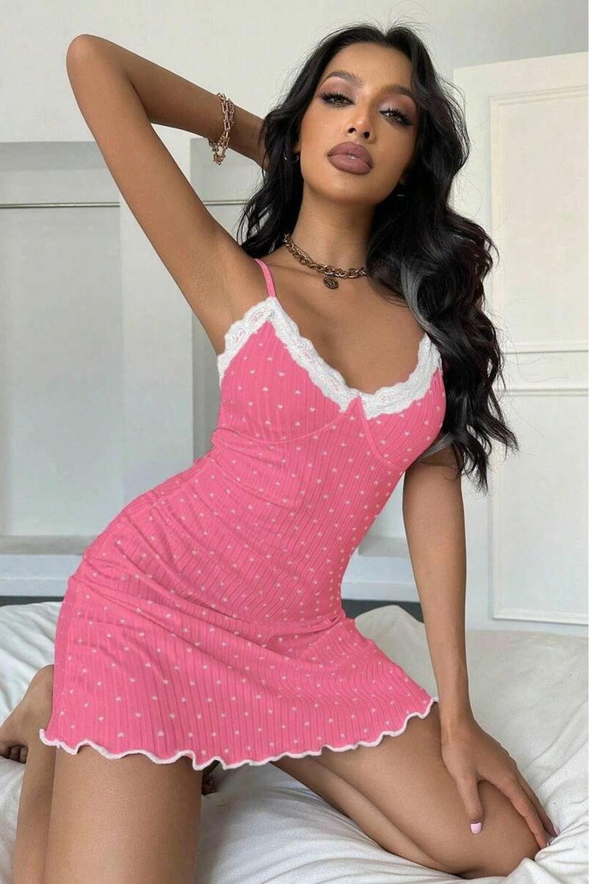 R RUSELİN Kadın Bebe Mavisi Kalp Desenli Askılı Dantel Detaylı Elbise