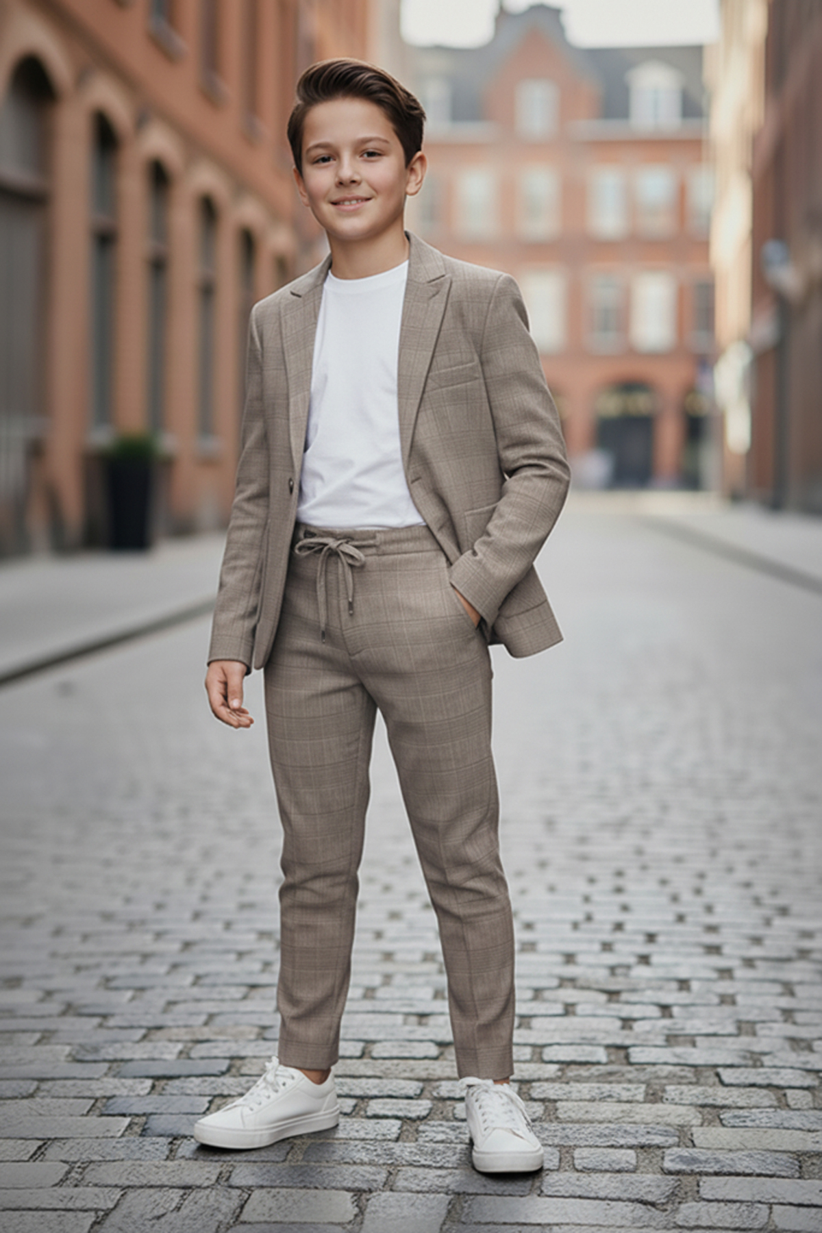 Boys' Suit (Plaid Jacket, White T-Shirt and Drawstring Pants)