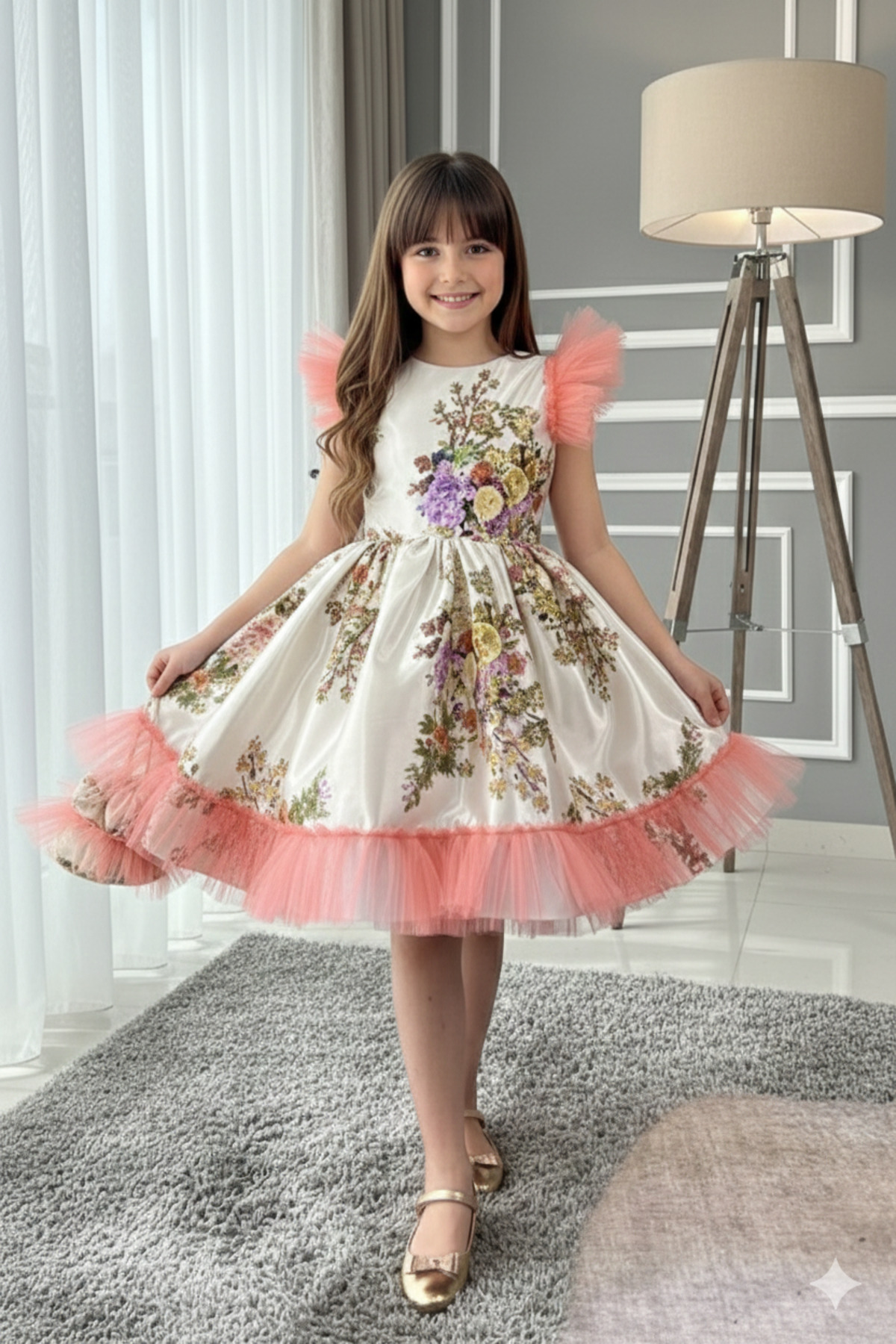 Floral Patterned Satin Bag Buckle Style Kids Evening Dress ABY242