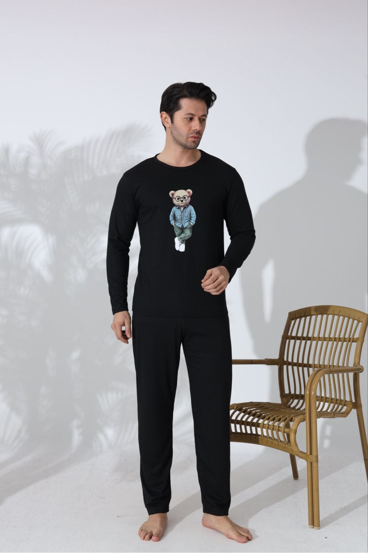 Huq Moda Regular Erkek Ayıcık Desenli Siyah Pijama Takımı Uzun Kollu Rahat Kesim %100 Pamuklu görsel 6