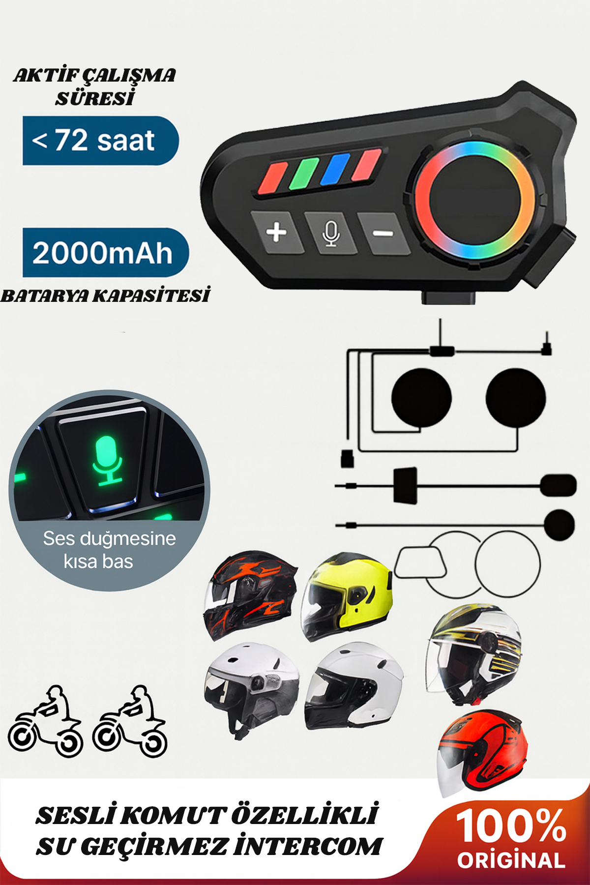Motosiklet Kask Kulaklığı Bluetooth Intercom Seti RGB Sesli Asistan Destekli Uzun Şarj Su Geçirmez