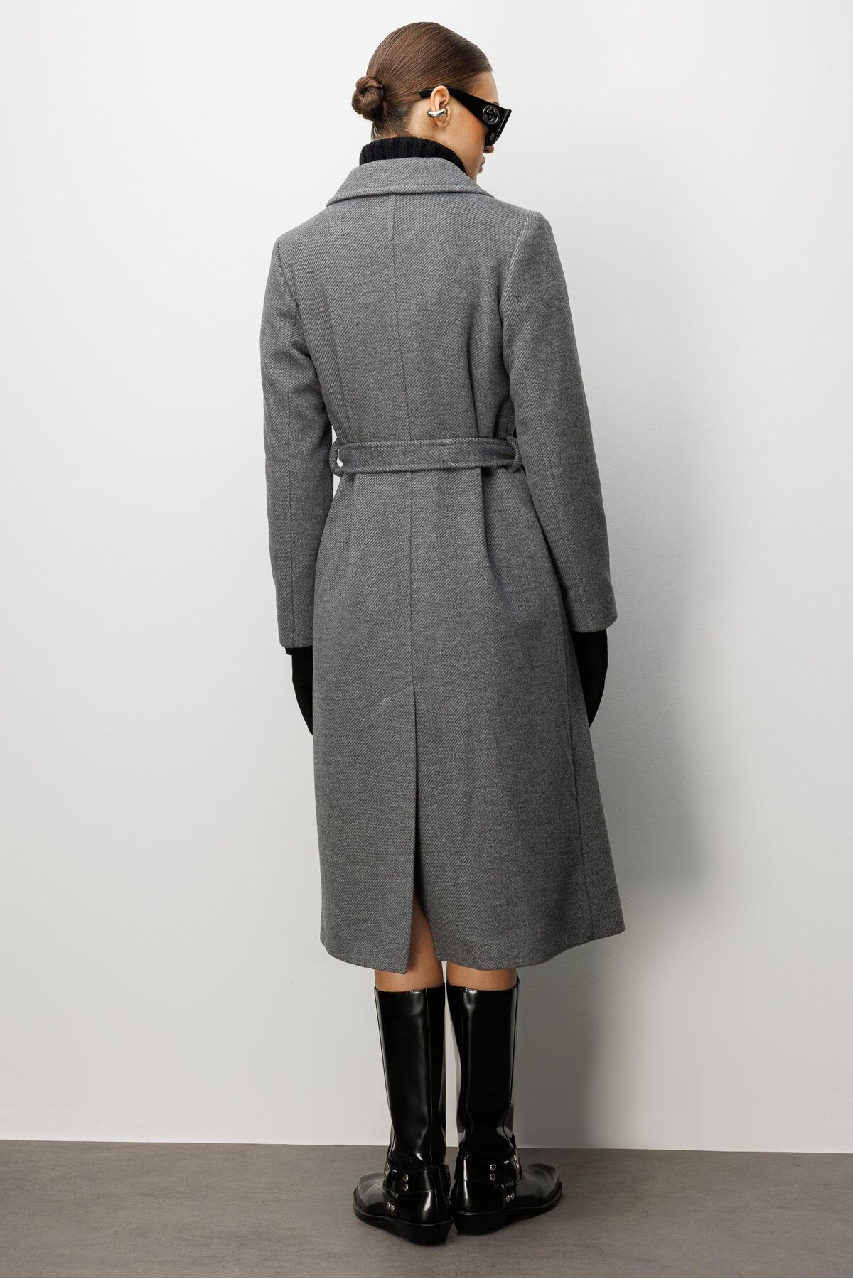 Moda İlgi  Modailgi Kuşaklı Diyagonal Çizgili Kruvaze Kaban Gri - Görsel 6