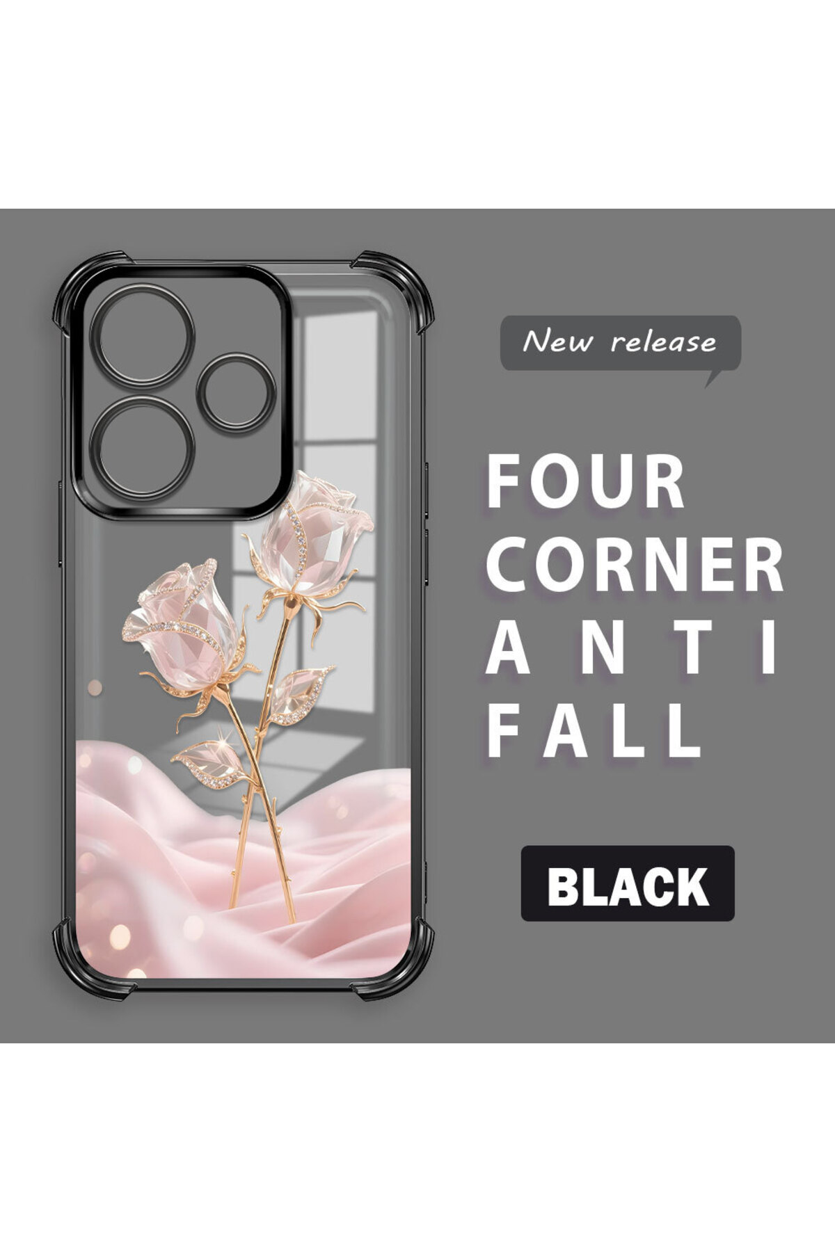 Xiaomi Redmi 13 Compatible Romantic Pink Rose Clear Silicone Shielded Case