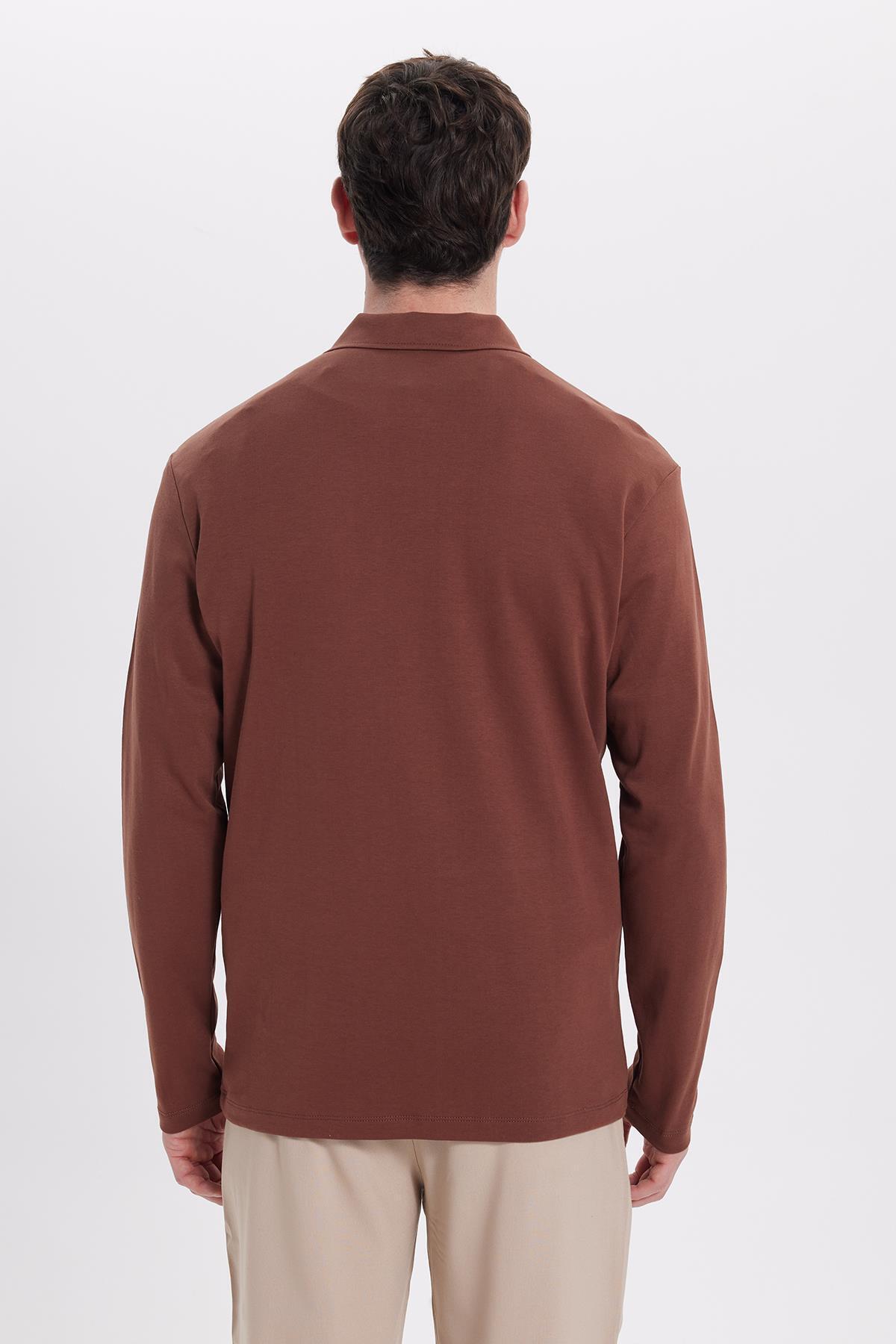 Tudors  Erkek Relax Fit Rahat Kesim %100 Pamuk Yarım Fermuarlı Polo Yaka Uzun Kollu Kahverengi Tişört - Görsel 9