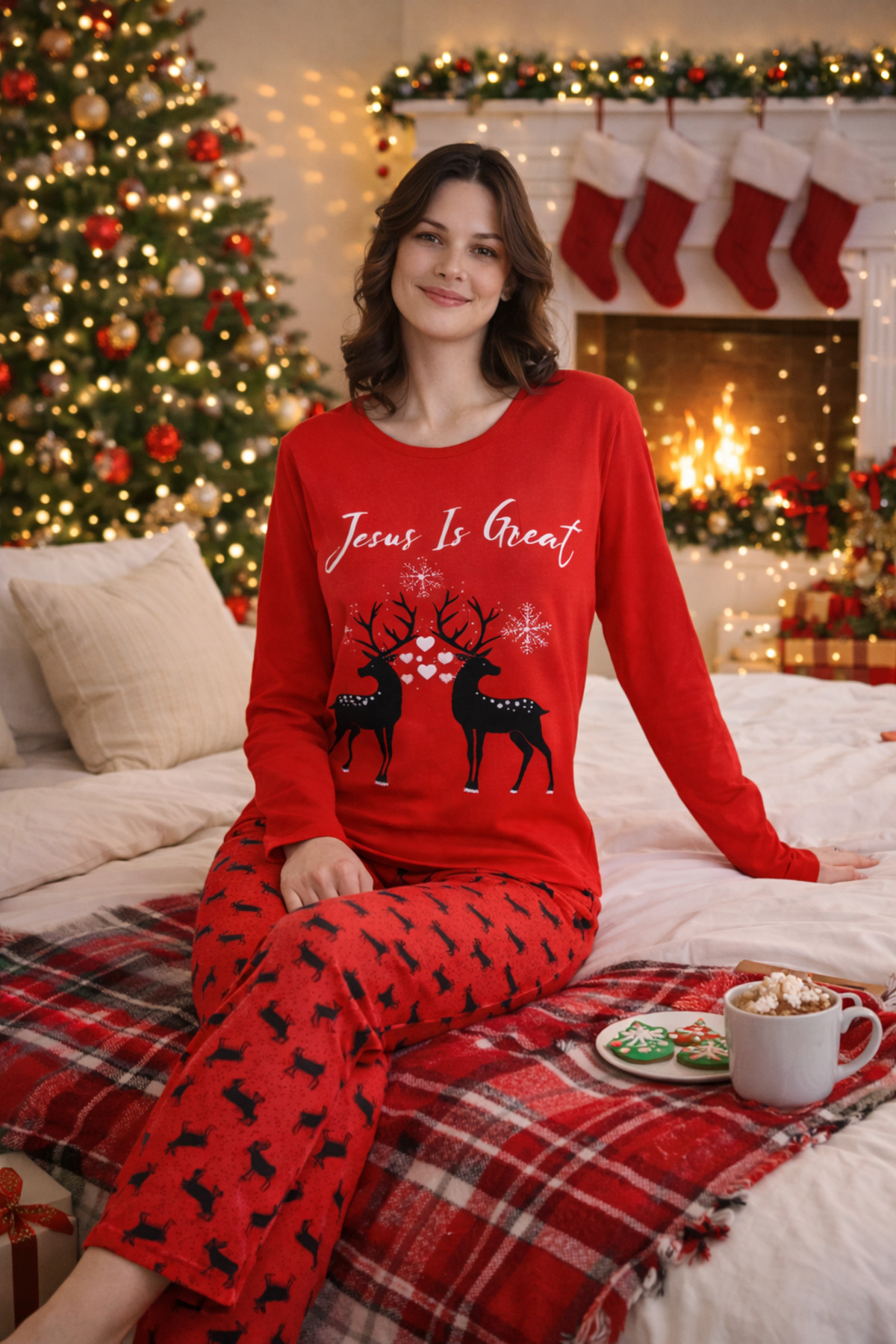 STELLAPİNK Kırmızı Yılbaşı Temalı Geyik Desenli Pamuklu Pijama Takımı