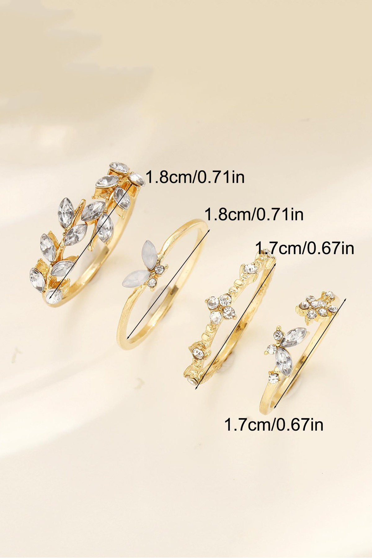 The Collection  4'lü Kombin Kelebek Çiçek Detaylı Eklem Gold Taşlı Yüzük Set - Görsel 3