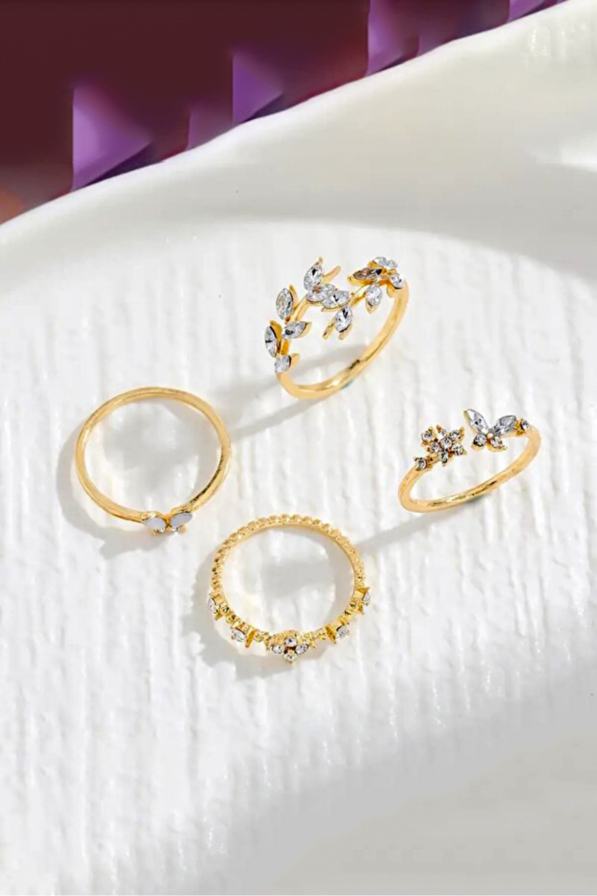 The Collection  4'lü Kombin Kelebek Çiçek Detaylı Eklem Gold Taşlı Yüzük Set - Görsel 5